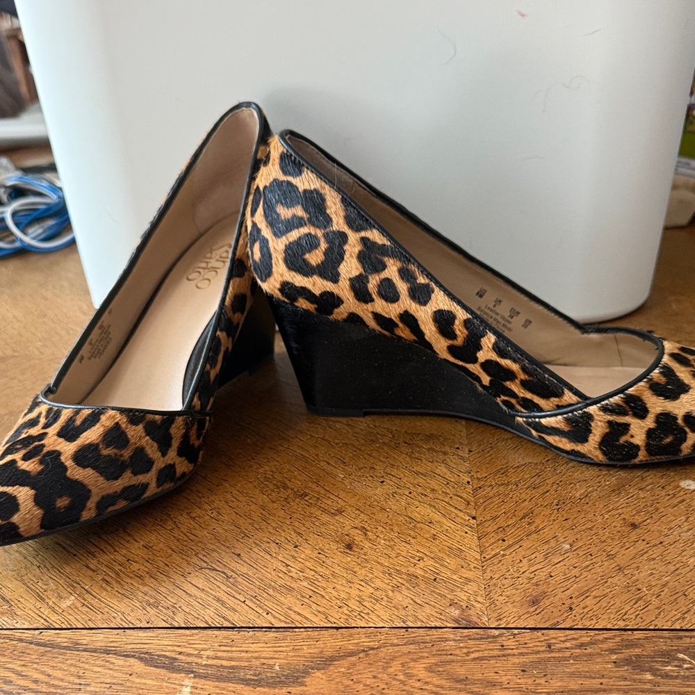 Franco Sarto Black and Tan Leopard Wedges